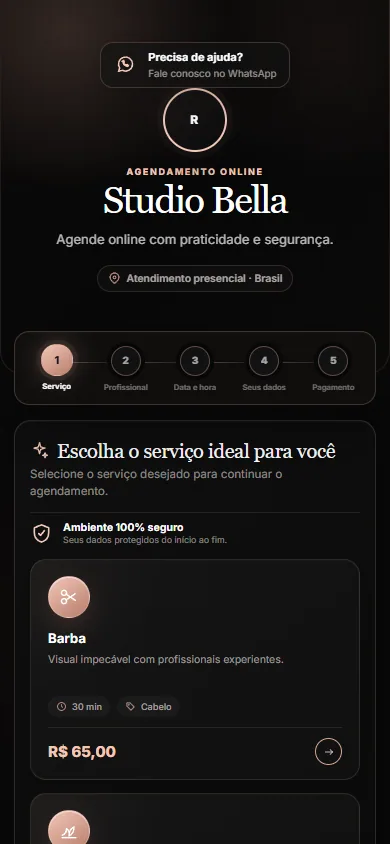 Página real de agendamento online do AgendaBella no celular